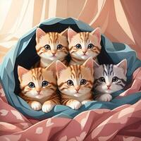 A group of adorable kittens cuddled up together in a cozy blanket fort  illustration art by AI Generative photo