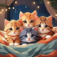 A group of adorable kittens cuddled up together in a cozy blanket fort  illustration art by AI Generative photo