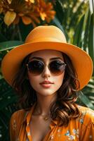 Woman in modern clothes with sunglasses by AI Generative photo