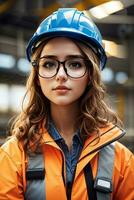 Young woman in safety equipment working by AI Generative photo