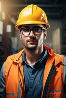 Confident handsome worker in uniform and safe at workplace by AI Generative photo