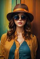 Woman in modern clothes with sunglasses by AI Generative photo