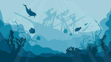 Silhouette of a coral reef with fish and a shipwreck at the bottom in the blue sea. Underwater landscape, sea or ocean undersea with ship wrecks, vector silhouette background.