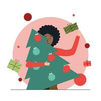 A happy girl is holding a Christmas tree in her hands. The concept of a good holiday mood. vector
