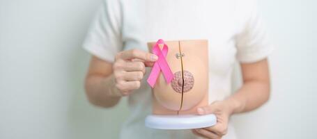 Pink October Breast Cancer Awareness month, woman with pink Ribbon and Breast Anatomy model. National cancer survivors month, health diagnosis, Mother and World cancer day concept photo