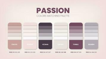 Color palette in a Passion colour themed collections. Color scheme or colors chart template. Color combination set of RGB, HSL and HEX codes. Color swatch for art, fashion, home design, or web design. vector