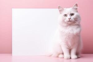 Beautiful White Kitten Sitting Next to a Blank Sign on a Pink Background photo