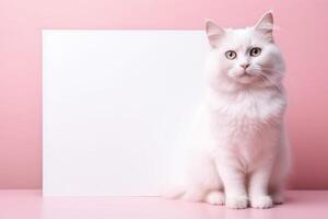 hermosa blanco gatito sentado siguiente a un blanco firmar en un rosado antecedentes ai generativo foto