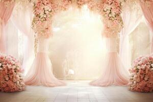 hermosa romántico Boda arco decorado con rosado y blanco flores ai generativo foto