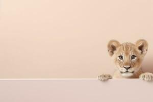 linda pequeño león cachorro echar un vistazo borde pared minimalista pastel color ai generativo foto
