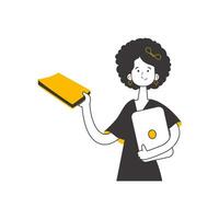 The girl is holding a book and a laptop in her hands. Linear trendy style. Isolated. Vector. vector