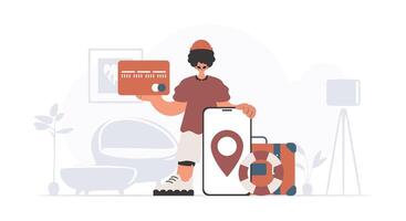 The individual is holding a bank card and a phone with a zone. The concept of rest and travel. Trendy style, Vector Illustration