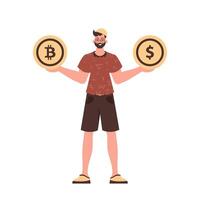 un hombre sostiene un bitcoin y un dólar en su manos. personaje en moderno de moda estilo. vector