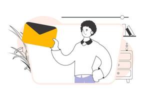 A man holds an envelope or a letter in his hands. Line art style. . vector