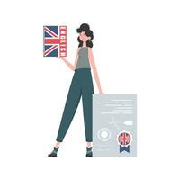 un mujer sostiene un Inglés diccionario y un certificado en su manos. el concepto de aprendizaje inglés. aislado. de moda estilo. vector. vector