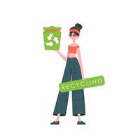 The girl is depicted in full growth and holds a trash can in her hand. The concept of recycling and zero waste. Isolated on white background. Vector illustration Flat trendy style.