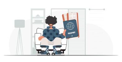 el individual sostiene un alrededor el mundo carné de identidad y conversacion alrededor Entradas en su manos. el concepto de descanso y viajar. de moda estilo, vector ilustración