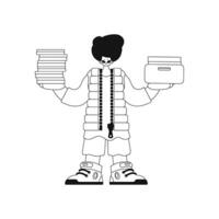 Guy piles with docs in linear style, illustration. vector