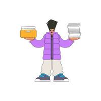 Fashionable guy holds stacks of documents in his hands. vector