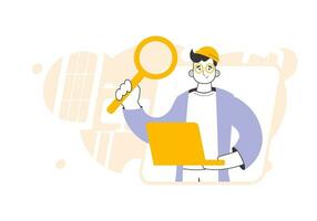 The guy holds a magnifying glass and a laptop in his hands. Job Search Theme. H.R. Linear style. vector