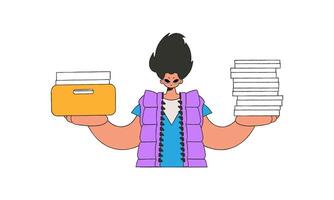 A well-dressed guy holds stacks of documents in his hands. vector