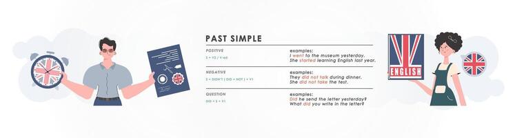 Past simple. Rule for the study of tenses in English. The concept of teaching English. Flat character modern style. . vector