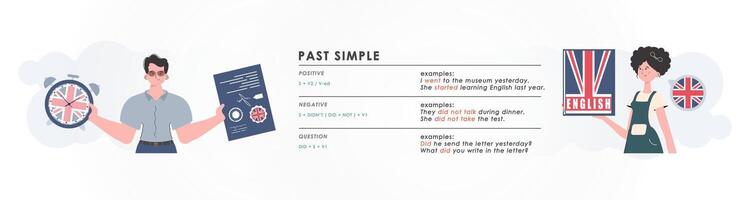 Past simple. Rule for the study of tenses in English. The concept of teaching English. Flat character modern style. Vector. vector