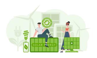 Man and woman and solar panels. Eco energy concept. Vector illustration.