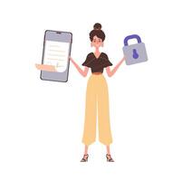 A woman holds a contract or document in her hand. Data protection concept. Smart contract. Modern style character. vector