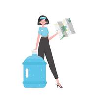 Girl water delivery operator holding a map. The character is depicted in full growth. Isolated on white background. Vector. vector