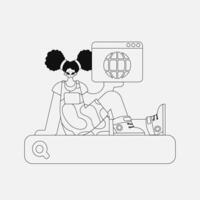 un encantador mujer es participación un navegador. lineal estilo personaje. vector