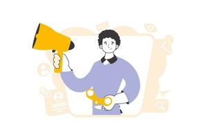 The guy holds a mouthpiece and binoculars in his hands. Job Search Theme. H.R. Linear style. vector