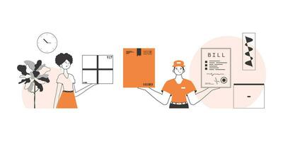 The girl and the guy delivers parcels and cargo. Line art style. vector