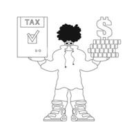Guy holds tax return, stack of coins in hands. Linear illustration. vector