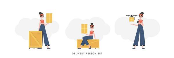 Set of a girl with a box and a parcel. The concept of cargo delivery. Trendy cartoon style. Vector illustration.