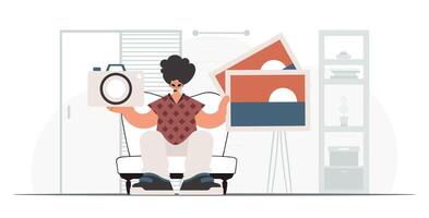 The individual holds a camera and photos in his hands. The concept of rest and travel. Trendy style, Vector Illustration