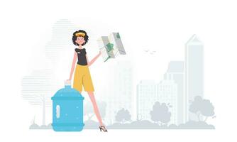 Water delivery concept. The girl is holding a map. The character is depicted in full growth. Vector illustration.