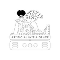 Girl with AI server, AI concept, linear design vector