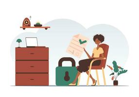 Data protection concept. Smart contract. A woman sits in a chair and holds a document in her hands. Modern trendy style. vector
