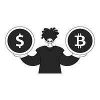 A unique man holds a coin of bitcoin and dollar in his hands. Linear black and white style. vector