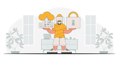 Modern vector.style man with a padlock and cloud storage. vector