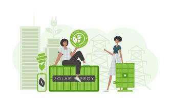 Woman and Man and solar panels. The concept of solar energy. Vector. vector