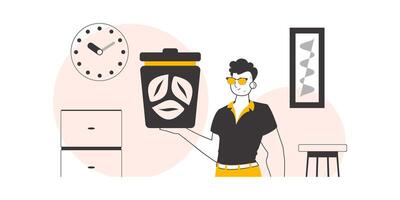 The guy is holding a trash can. The concept of recycling plastic and waste. Lineart style. vector