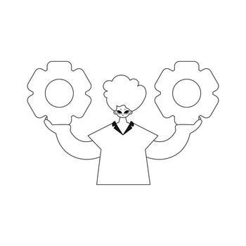 He firmly grasps cogs in both hands. a vector image capturing the moment.