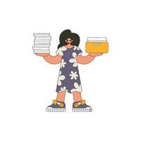 Stylish woman holds a stack of documents in her hands. vector