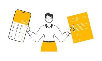 A man holds a calculator and a tax form in his hands. Lineart. Isolated. Vector illustration.