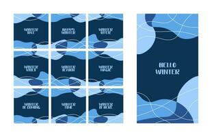 Set of Winter Abstract Backgrounds for social media stories and posts. Blue vertical and square banners, greeting cards. Vector illustration