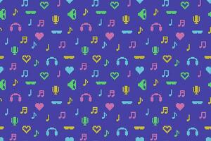 Abstract pixel 90s style seamless pattern of vibrant multicolored retro icons of hearts, notes, earphones, microphone, and sunglasses from the nineties on blue background. Vector illustration