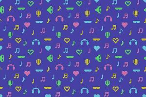 Abstract pixel 90s style seamless pattern of vibrant multicolored retro icons of hearts, notes, earphones, microphone, and sunglasses from the nineties on blue background. Vector illustration