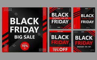 a set of black friday banners with red and black geometric shapes. Ideal for promoting sales and discounts during the Black Friday shopping event. vector